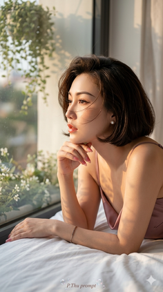 Woman with short hair in a pink top, looking out a window at golden hour