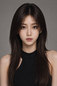 Woman with long dark hair wearing a black top in a studio setting