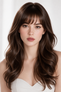 Woman with long brown wavy hair and bangs in a white top