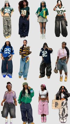 Multiple women posing in various streetwear outfits with baggy pants and crop tops