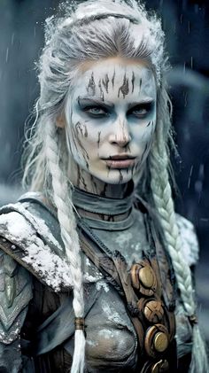 Fantasy warrior with white hair and face paint wearing armor in cold weather