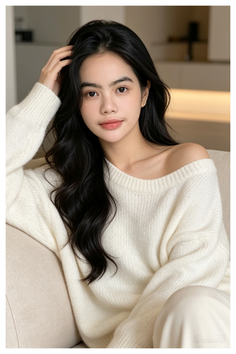 Woman with long black hair wearing a white off-shoulder sweater indoors