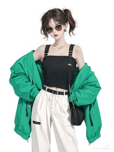 Illustration of a girl with pigtails wearing sunglasses, a green jacket, and white pants