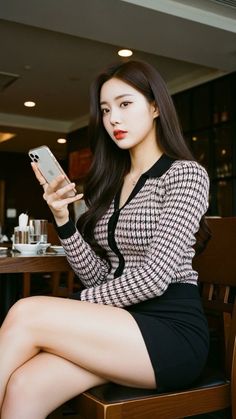 Woman in a plaid cardigan and mini skirt sitting indoors, holding a phone