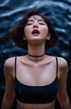 Woman with short hair and a black top standing in the rain