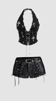 Gothic style halter top with cross embellishments and lace-up leather shorts