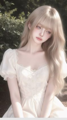 Illustration of a girl with long blonde hair in a white dress outdoors