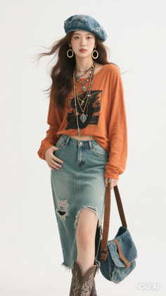 Woman in a denim beret and distressed denim skirt with cowboy boots