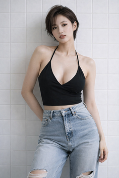 Woman with short hair in a black halter top and ripped jeans against a white tiled wall