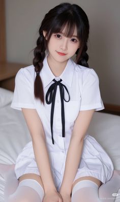 Girl in a white school uniform with black ribbon and thigh-high socks