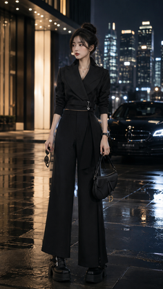 Woman in a black suit standing on a wet city street at night