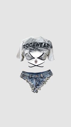 Crop top, bikini top, and denim shorts with a heart pendant on a white background