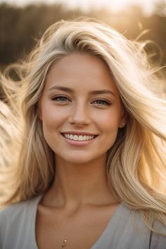 Smiling woman with blonde hair in soft golden hour lighting