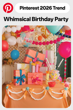 A vibrant birthday party scene with balloons, gifts, and candy on a table