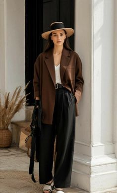 Woman in a brown blazer and wide leg pants wearing a straw hat