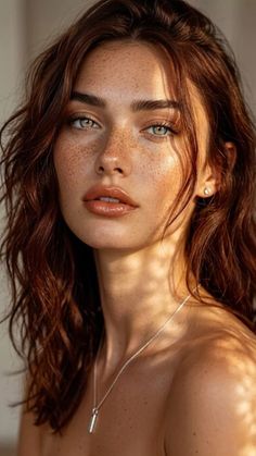 Woman with freckles and long hair in soft lighting, wearing a necklace