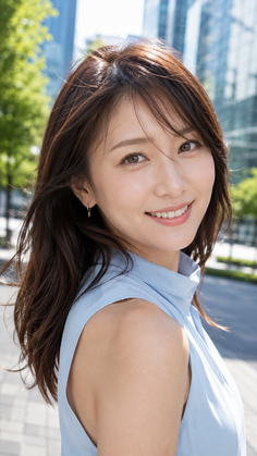 Smiling woman with long hair wearing a light blue top outdoors in a city