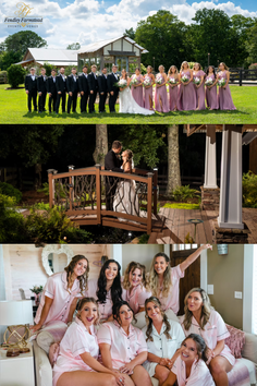 Wedding party posing outdoors, bride and groom on a bridge, and bridesmaids in pajamas