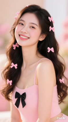 Smiling woman with long hair adorned with pink bows and a pink top