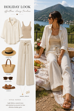 Woman in neutral-toned linen clothing having a picnic outdoors