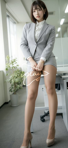 Woman in a light gray suit and short skirt in an office setting