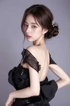 Woman in a black off-shoulder dress with an updo hairstyle looking over her shoulder