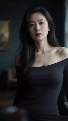 Woman with long black hair wearing an off-shoulder top indoors