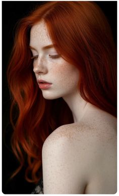 Woman with red hair and freckles, eyes closed, against a dark background