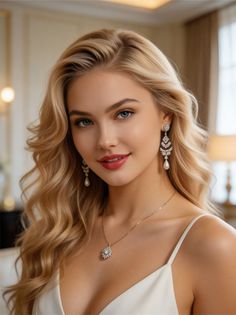 Blonde woman with blue eyes wearing a white dress and jewelry