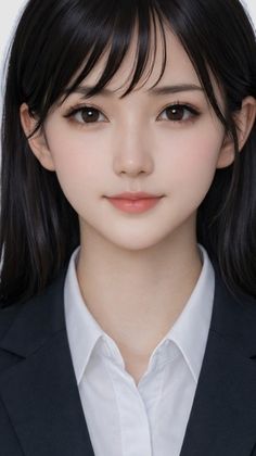 Woman with long black hair wearing a suit and white shirt