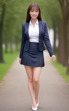 Woman in a navy suit and mini skirt walking outdoors
