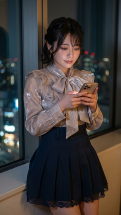 Woman in a pussy bow blouse and pleated skirt looking at her phone indoors at night