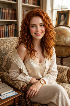 Woman with red curly hair in a lace camisole sitting in a library