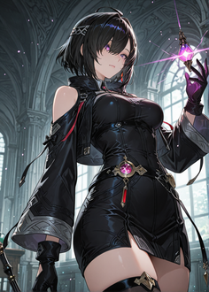 Anime girl in a black dress holding a glowing purple orb in a gothic setting