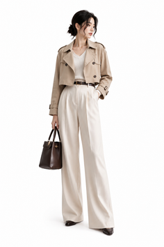 Woman in a cropped trench coat and wide-leg pants holding a dark brown handbag