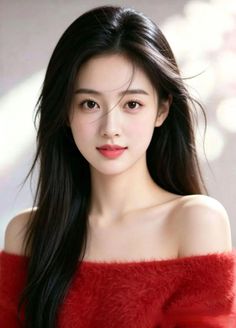 Woman with long dark hair wearing a red off-shoulder top