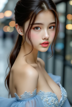Woman in a blue off-shoulder dress with long dark hair and soft lighting