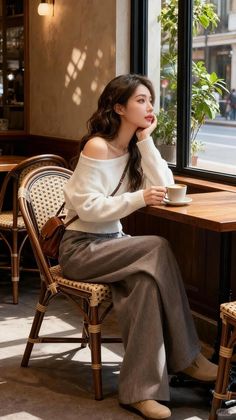 Woman with long hair in an off-shoulder sweater sitting in a cafe