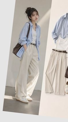 Woman in a striped shirt and wide leg pants with a messy bun