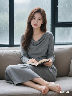 Woman in a gray dress reading a book on a couch by a rainy window