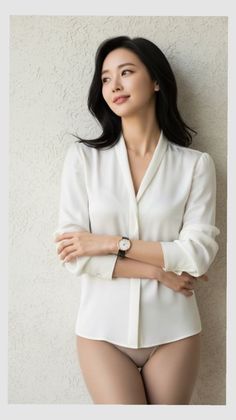 Woman in a white blouse and underwear with arms crossed, leaning against a wall