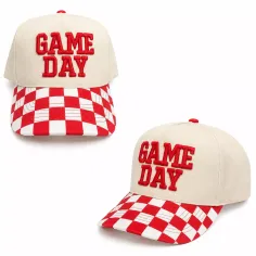 Two baseball caps with 'GAME DAY' text and a checkered brim