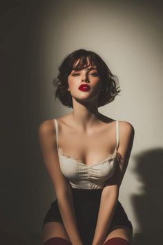 Woman with short hair and red lipstick in a white top with dramatic lighting