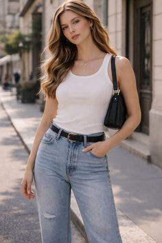 Woman with long wavy hair wearing a white tank top and blue jeans outdoors