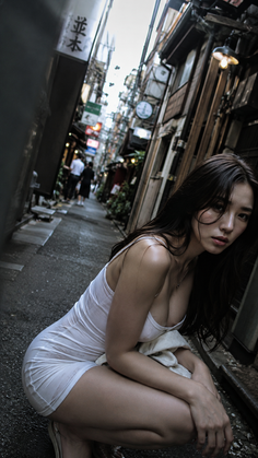 Woman in a wet white dress crouching in a narrow city alley