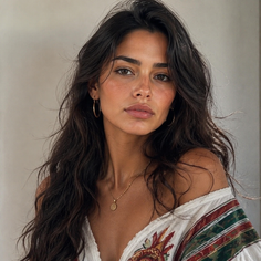 Woman with long dark hair and freckles wearing an off-shoulder top and gold jewelry