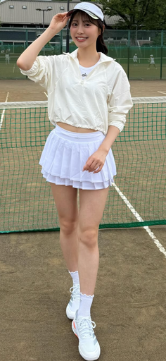 Woman in white tennis attire on a tennis court