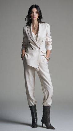 Woman in a white suit and dark boots posing in a studio