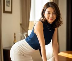 Woman in a sleeveless top and white skirt posing indoors