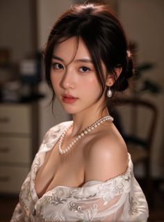 Woman wearing a pearl necklace and an off-shoulder dress with cleavage
